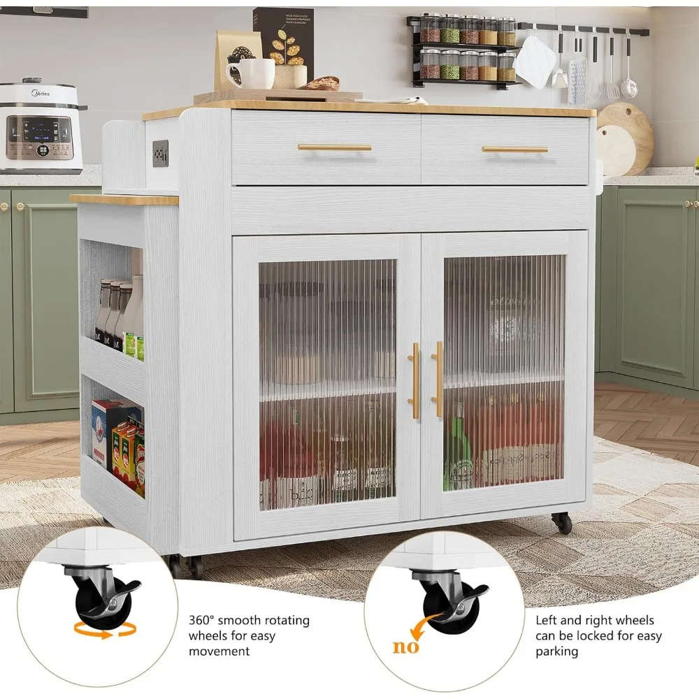 Kitchen Island with Extendable Dining Table,Grain Top Kitchen Island with Power Outlet, Rolling Kitchen Island Cart on Wheels 4