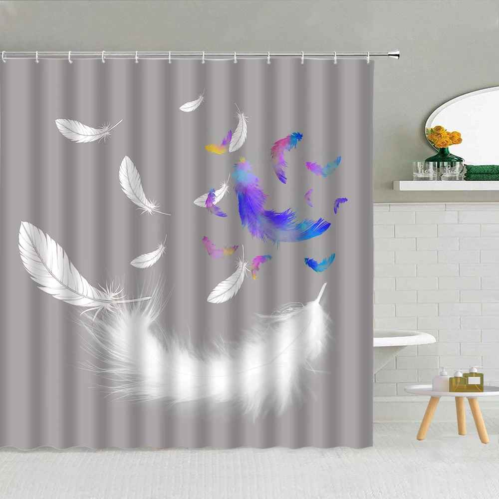 

Dream Bird White Feather Gray Shower Curtains Waterproof Fabric Bathroom Art Bath Curtain With Hooks Durable Home Bathtub Decor