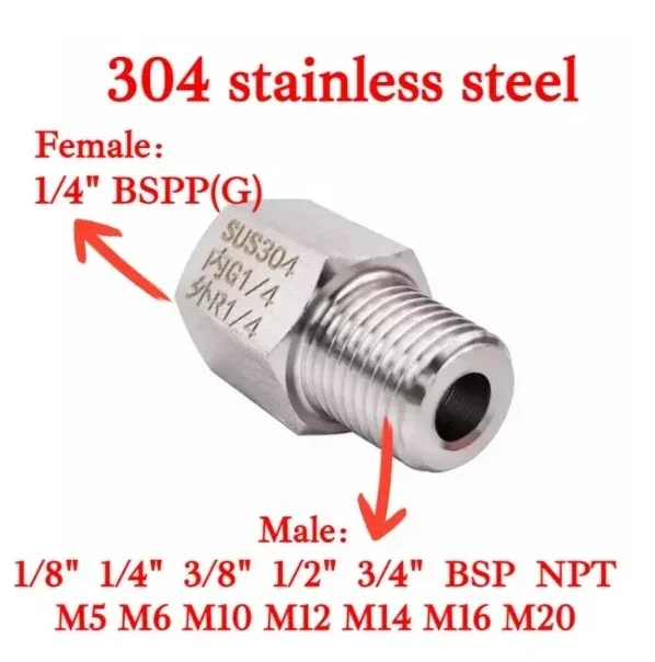 Pipe Fitting G1/4" BSP Female To Male M10 12 1/8" 1/4" 3/8" BSP NPT Hex Reducer Bushing 304 Stainless Adapter For Pressure Gauge