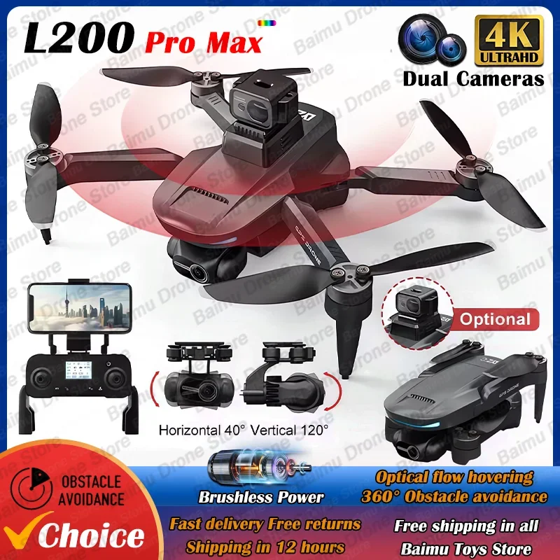 Drone Quadcopter L200 PRO MAX GPS Brushless Motor 4K HD FPV 2-Axis Gimbal 360&deg; Obstacle Avoidance RC