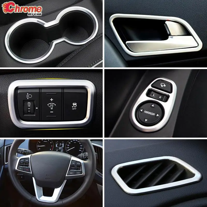 Car Interior Door Handle Air Vent Cup Holder Light Switch Steering Wheel Cover Trim Chrome For Hyundai Creta IX25 2015 -