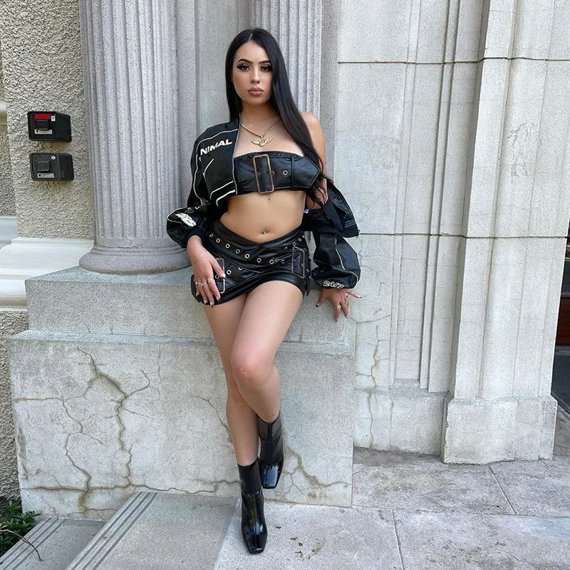Women Sexy Club Pu Leather Hipster Street Slim 2 Piece Set Spring Autumn Strapless Buckle Crop Tank Top High Waist Mini Skirt