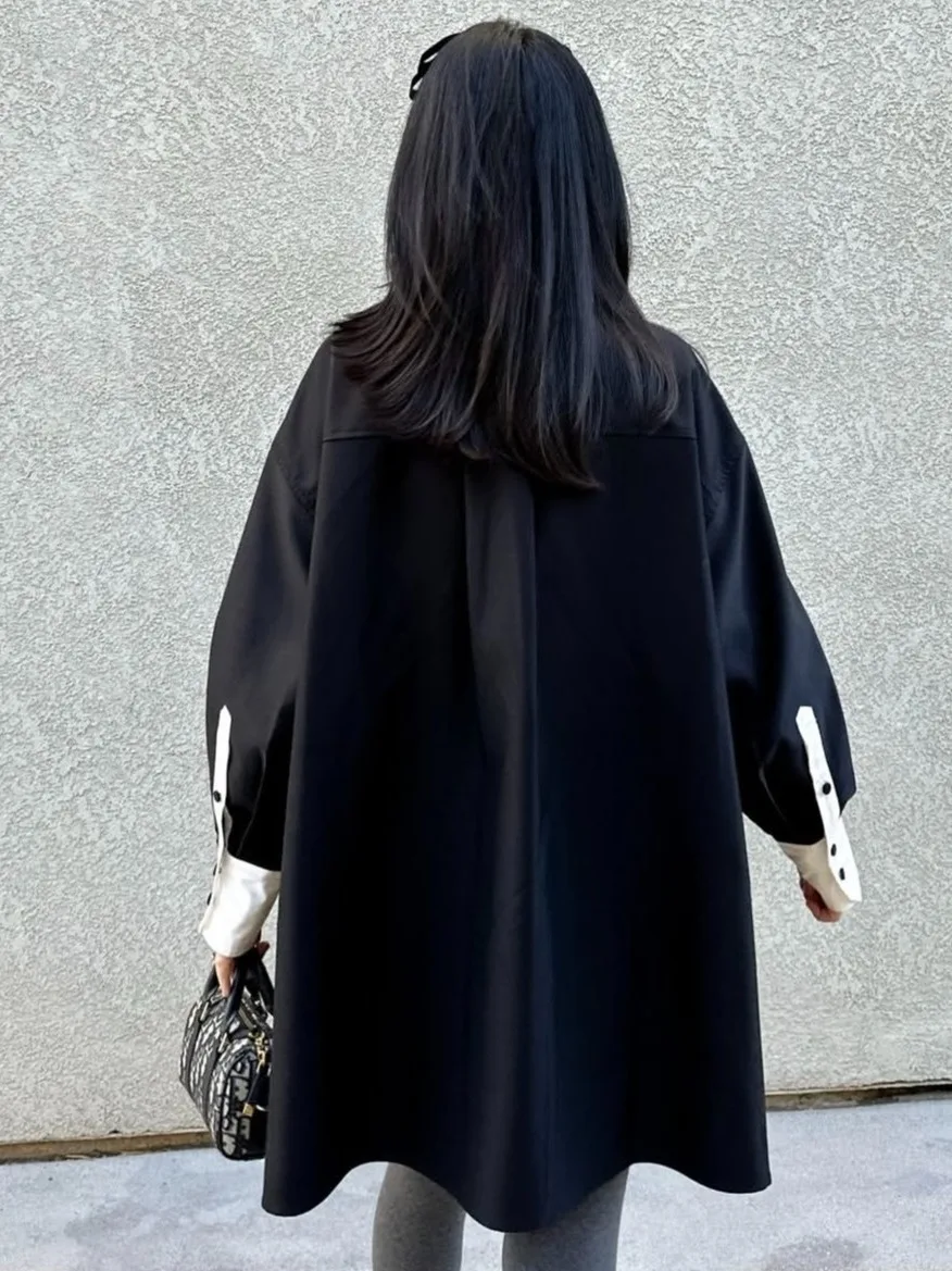 Chic Spring Casual Loose Long Sve Collared irt Women's Mid-Length Patchwork Faionable Color Blo Versatile Ladies Top