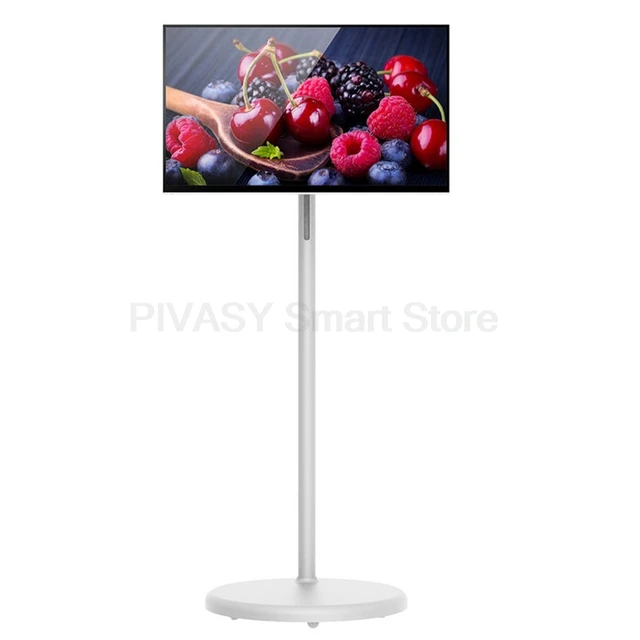 Touch screen da 23,8 pollici Android Smart TV Dispositivo di alimentazione a batteria Monitor mobile girevole bianco con supporto da pavimento per esterni dal vivo 1