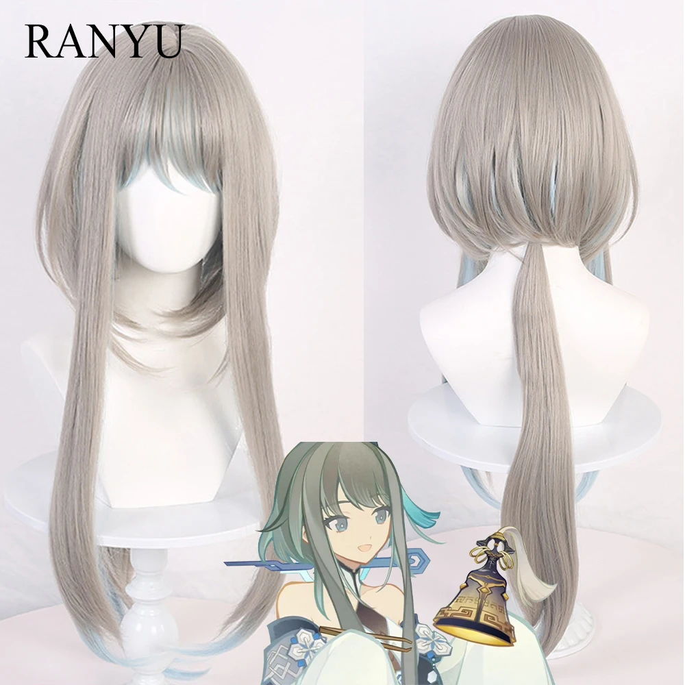 RANYU Genshin Impact Guizhong Wigs Synthetic Long Straight Gray Blue Game Cosplay Heat Resistant Hair Wig for Party bubuwig synthetic hair genshin impact klee cosplay wigs women 35cm medium long straight light blonde ponytail wig heat resistant