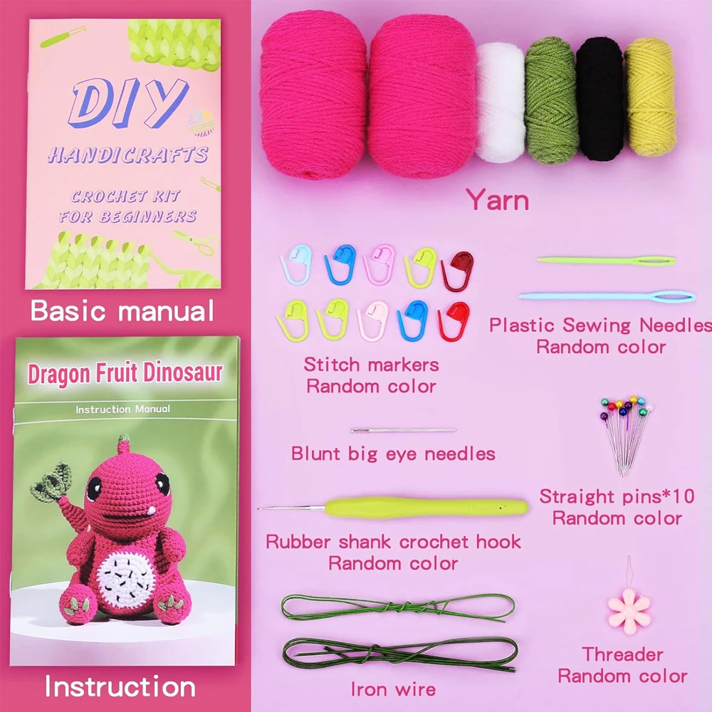 Zxiixz Crochet Animal Kit Dragon Fruit Color Knitting Kit with Step-by-Step Video Tutorials Yarn Crochet Hooks
