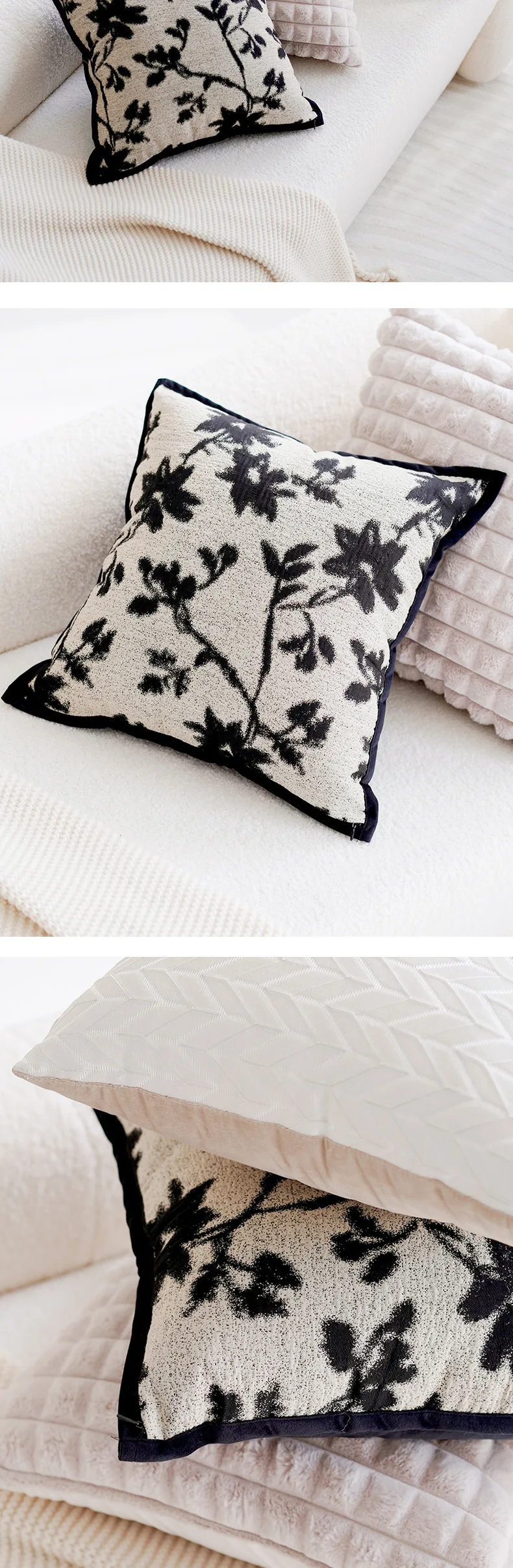 Schwarz-weiße Vintage-Dekokissenbezüge, Wandteppich, Frühlings-Blumenmuster, Kissenbezug für Sofa, Bett, Wohnzimmer, Heimdekoration – Detail 5