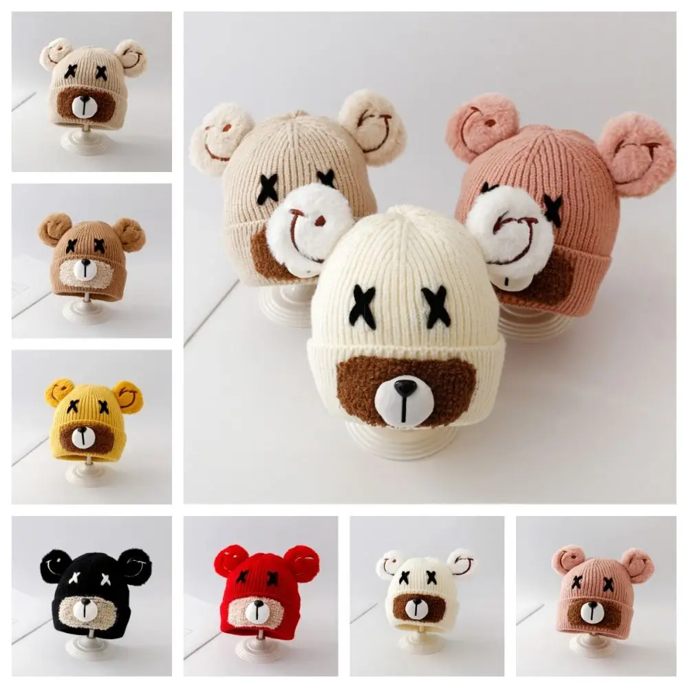 

Однотонная трикотажная шапка с защитой ушей с медведем, Зимняя шерстяная Шапка-бини с мультяшным рисунком для младенцев, детские вязаные шапки для малышей