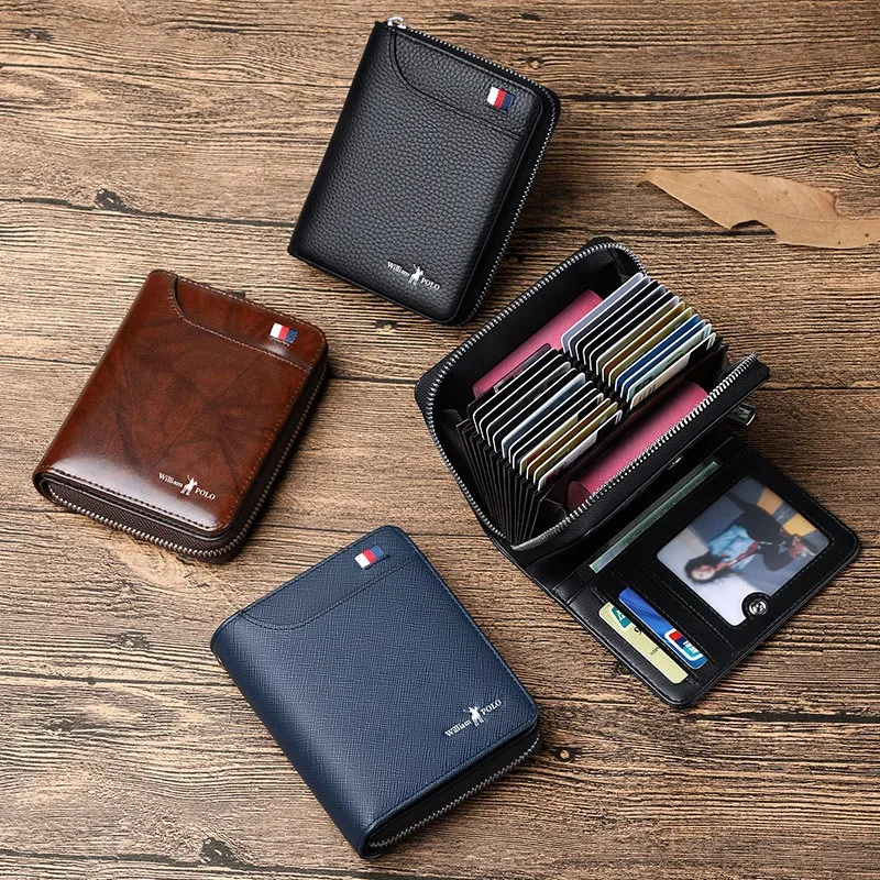WILLIAMPOLO Men Credit Card Holders Luxury Brand Real Leather Card Wallet Fashion Zipper Design Id Holder Card Bag Cow Leather