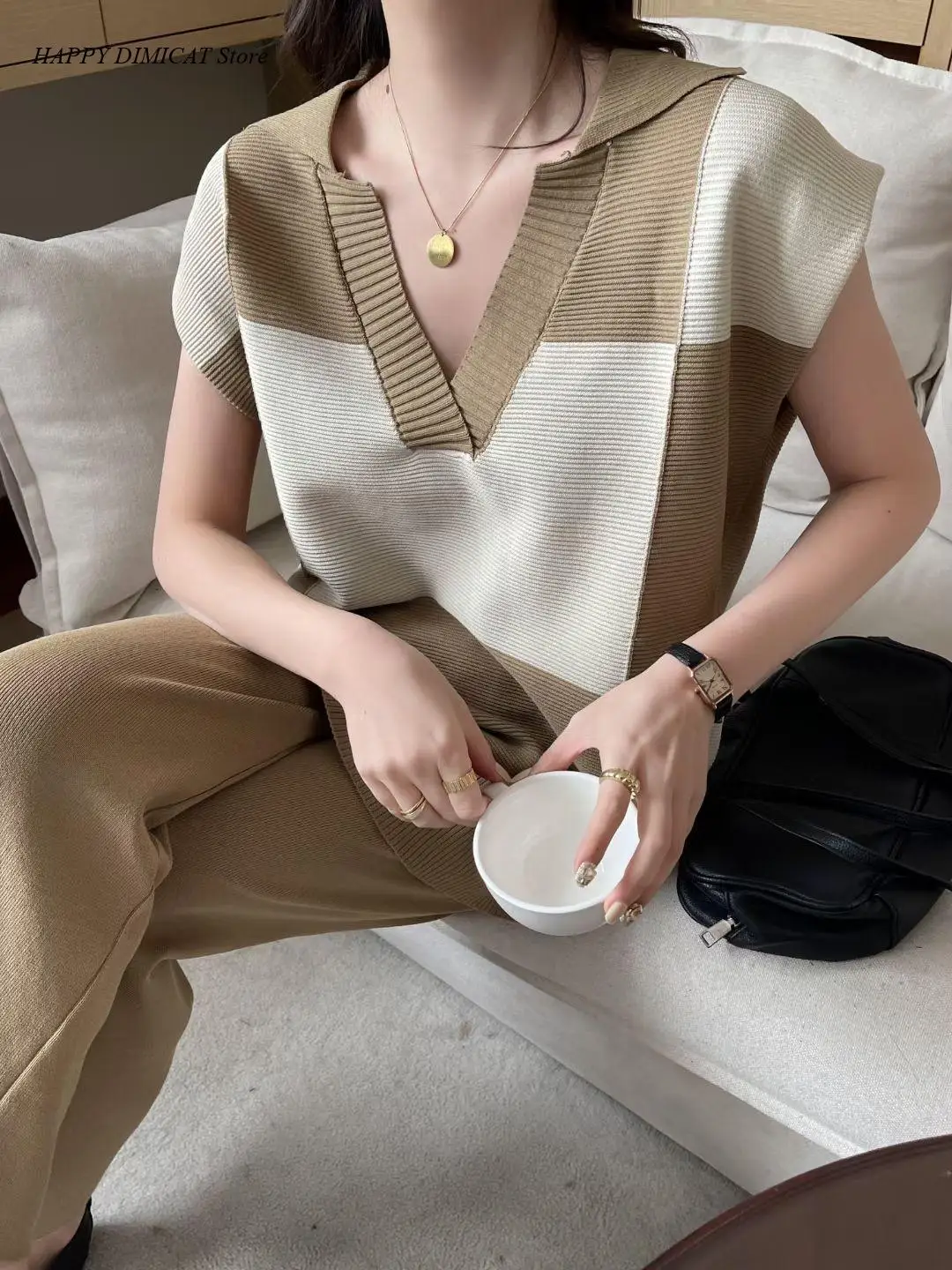 Women's Sleeveless Oversized Summer Tracksuit Knit Plaid V-neck Loose Pullover Sweater Top + Wide Leg Pant Sets 2 Piece Outfit