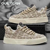 Oulylan Trendy Print Board Shoe Leisure Thick Bottom Sports Footwear Summer Breathable Lace Up Sneakers Low Top Men Canvas Shoes