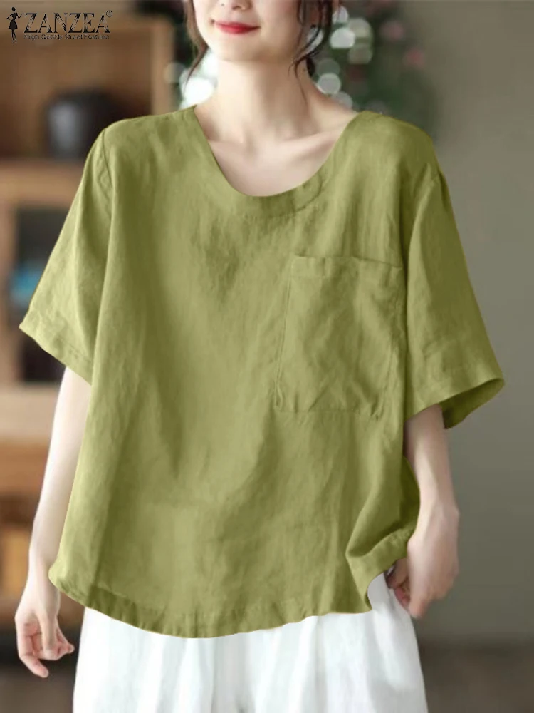 

Летняя Блузка ZANZEA, женская модная однотонная Свободная рубашка, повседневная винтажная хлопковая Праздничная блузка с круглым вырезом и коротким рукавом, Женская туника, топы