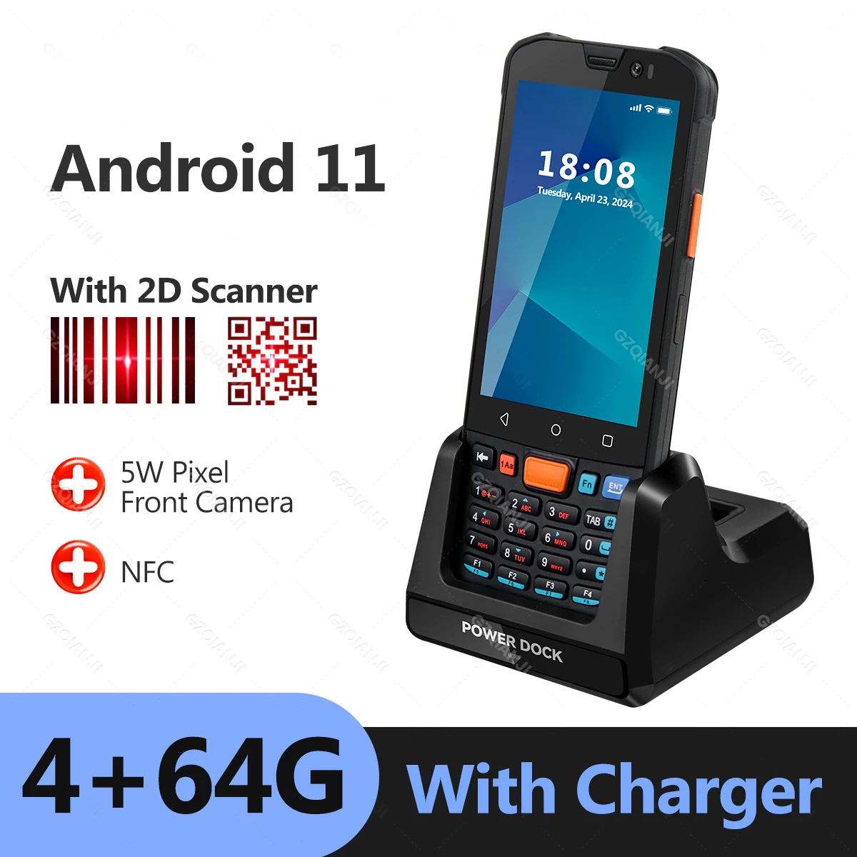 Terminal de mano PDA Android 11, recopilador de datos con escáner de código de barras 1D, QR 2D, NFC, 2/3/4G, WiFi, Bluetooth, 3G+32G/4G+64G RAM+ROM