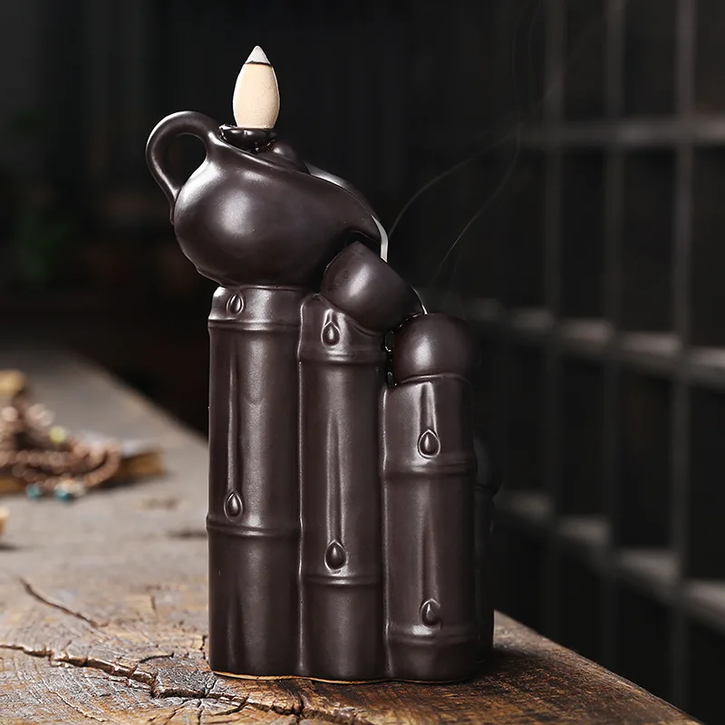 Teapot and Bamboo Waterfall Incense Burner Incense Stick Holder Censer Purple Clay Aroma Smoke Backflow Home Decor -no Incense