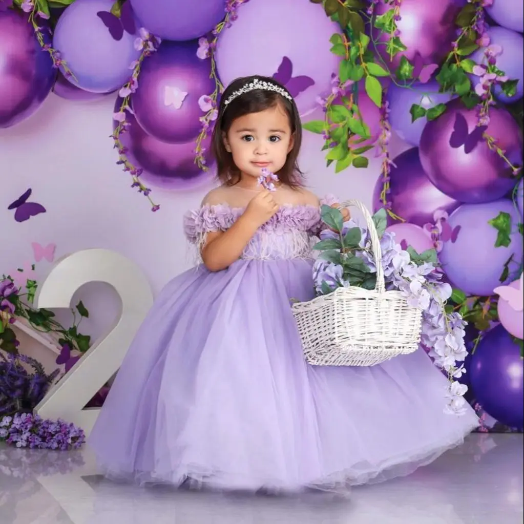 

Lovely Lavender Flower Girl Dresses Tutu Skirt Sheer Neck Flowers Party Pageant Gown Floor Length First Communion Dress