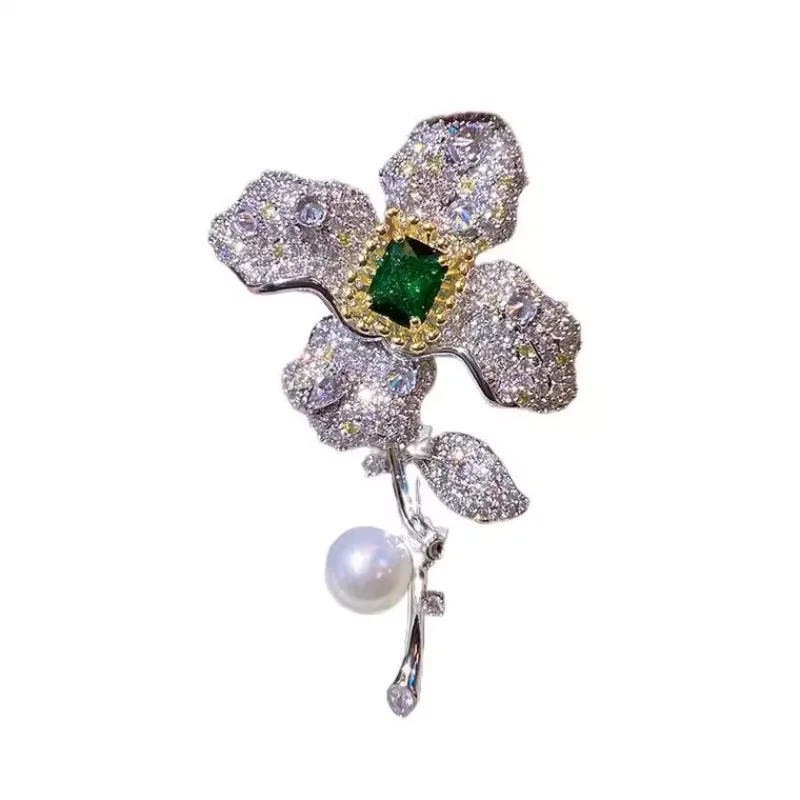 여성용 에메랄드 네잎 꽃 브로치, 담수 진주 브로치, 럭셔리 주얼리