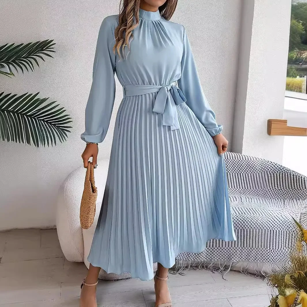 2024 Autumn/Winter Elegant Stand Collar Long Sleeve Waist-Fitted Plaid Dress Amazon Cross-Border Women's Clothing - Image 2