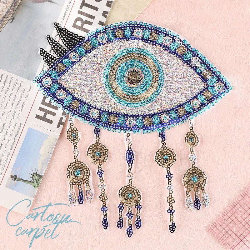 

Hot Oversize Embroidery Patch DIY PET Beads Sequin Evil Eye Sticker Thermoadhesive Iron on Patches Clothing Fabric Accessories