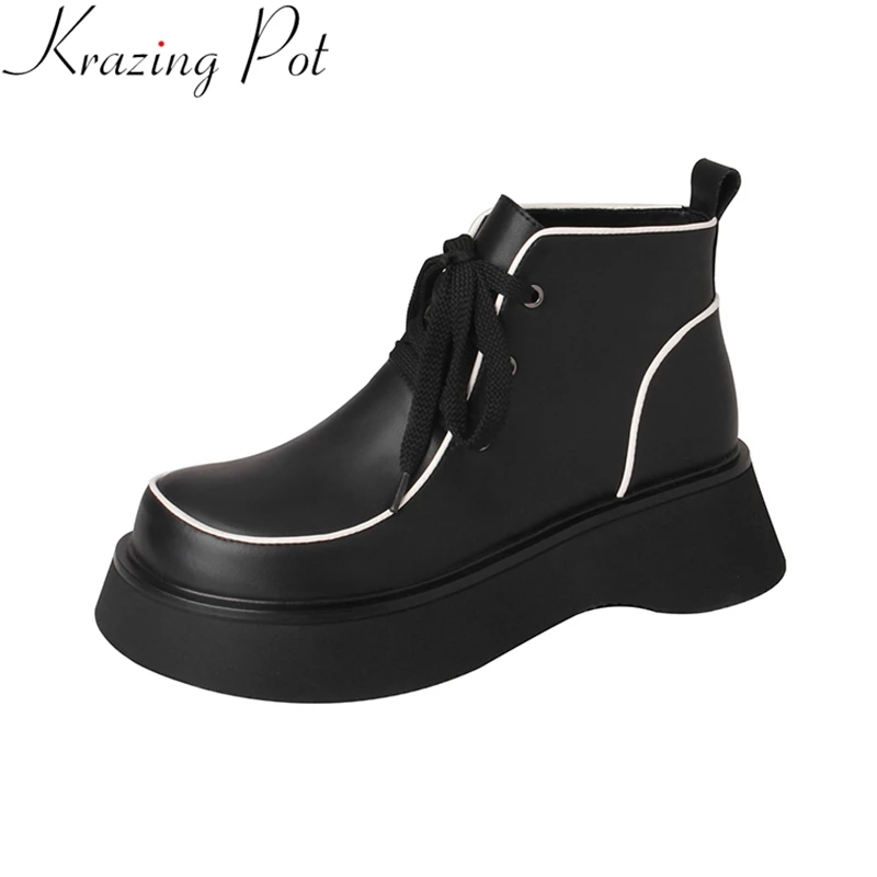 

Krazing Pot Genuine Leather High Heels Chelsea Boots Round Toe Platform Warm Winter Shoes Concise Casual Office Lady Ankle Boots