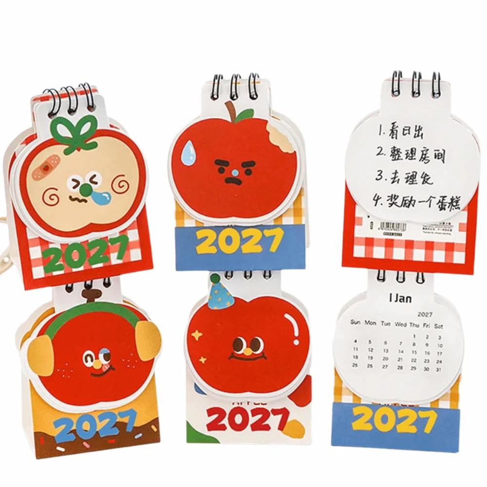 휴대용 애플 모양 2027년 책상 달력 미니 코일 바인딩 스탠딩 캘린더 플립 캘린더 가정/사무실 책상용