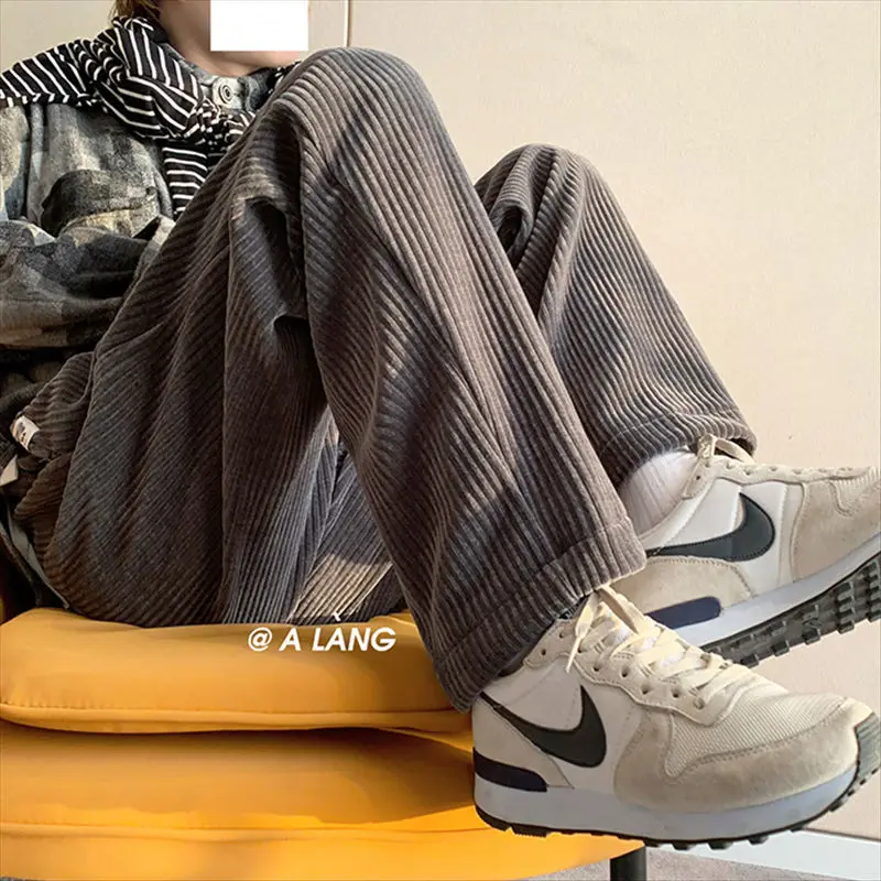 Summer Men's Casual Tie Straight Leg Pants Corduroy Monochrome Oversized Warm Korean Street Pants Streetwear casual pants,corduroy pants