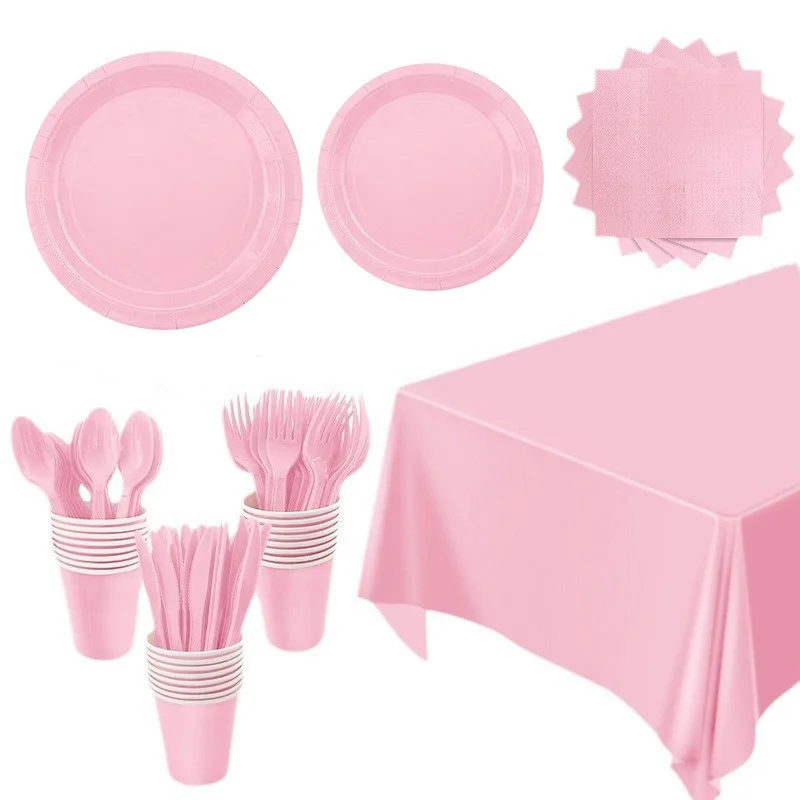 Party Decorations Solid Color Party Set Disposable Tableware Paper Cup Napkin Plate Tablecloth Knife Fork Spoon For Kids