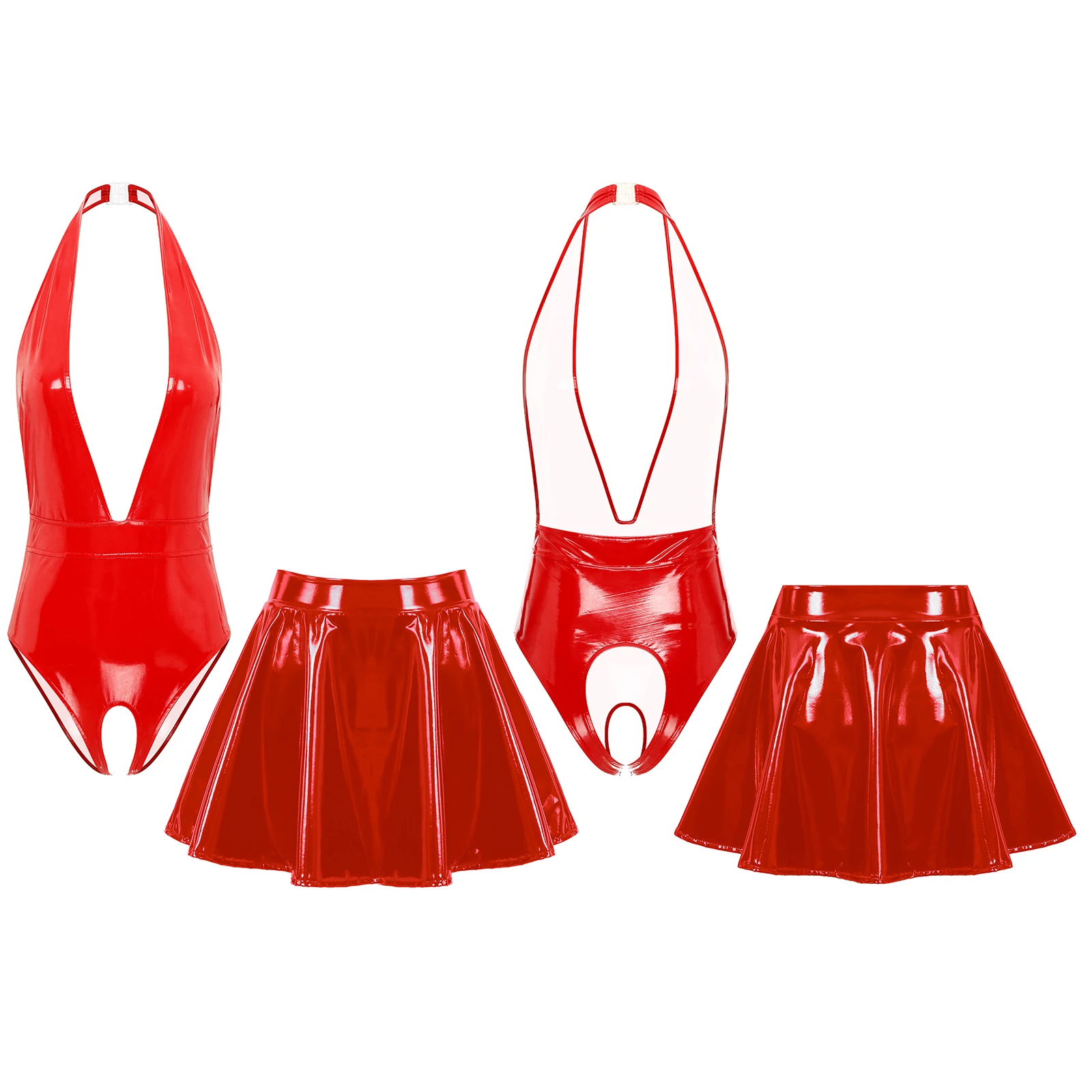 Sissy Women Leather Lingerie Set Halter Sleeveless Crotch Opening Bodysuit with Mini Skirt Set for Lingerie Tempting Nightwear