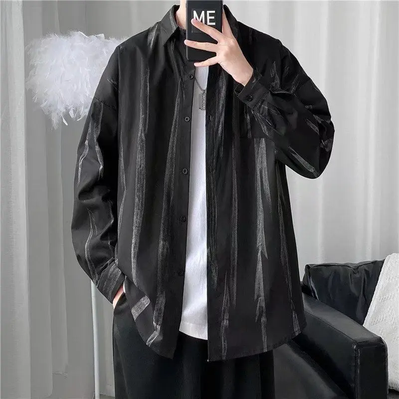 Elegant Fashion Harajuku Slim Fit Ropa Hombre Loose Casual Sport All Match Outerwear Stand Collar Printed Pockets Button Blusa