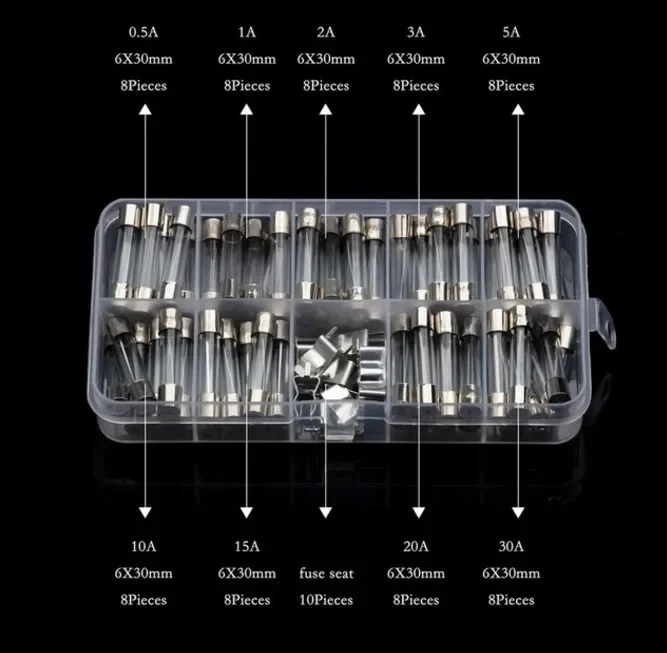 10Kinds 72pcs 5*20 Fast-blow Glass Tube Fuses Car Glass Tube Fuses Assorted Kit 5X20 with Box fusiveis 0.5A-30A Household Fuses