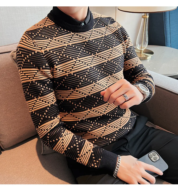 Fake-2Pieces Winter Thick Striped Sweaters For Men Clothing 2022 Plus Size 4XL-M Slim Fit Casual Knitted Pullovers Pull Homme