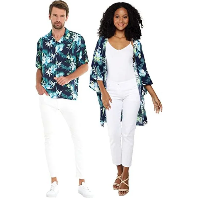 

Summer New Couple Fitting Hawaii Beach Vacation Party Tropical Leaves Floral Palm Leaf Blue Printed Shirt Or Loose Kimono