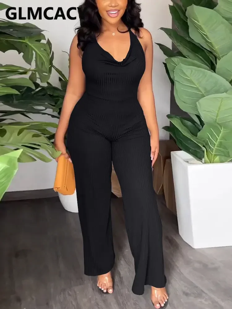 

Women Summer Halter Ribbed Jumpsuit Sexy Backless Casual Overalls
