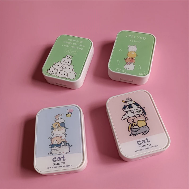

Find You Cute Cat contact lens case with mirror 2 double boxes beauty lens case contact lens storage box gift For Girl