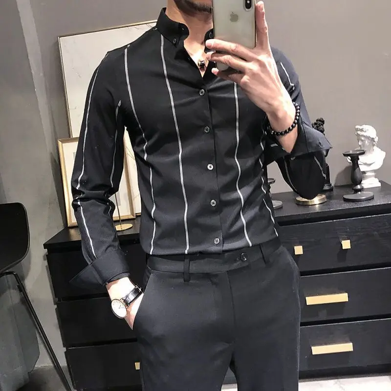 2023 Spring Summer New Fashion Striped Turn-down Collar Long Sleeve Button Shirt Man Casual Slim Office All-match Y2K Cardigan