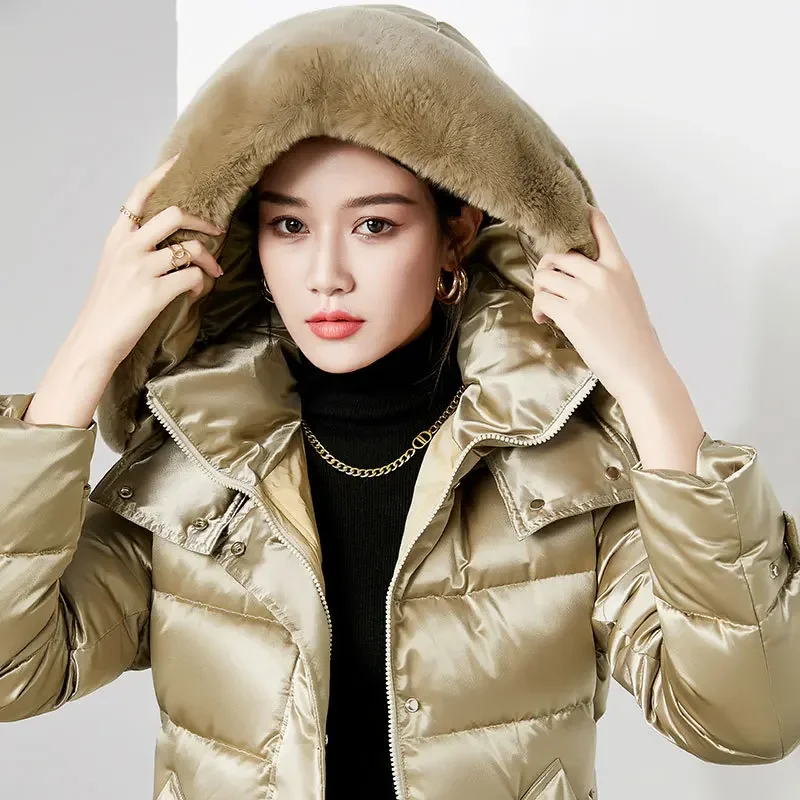 Long down jacket, knee length, fashionable otter rabbit fur collar, 90 white duck down, women's winter coat, women's thickened