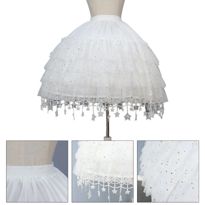 Women Lolita Skirts Crinoline Petticoat Wedding Party Underskirt Elastic Waist 2 Hoop Chiffon Gothic Skirt for Cosplay