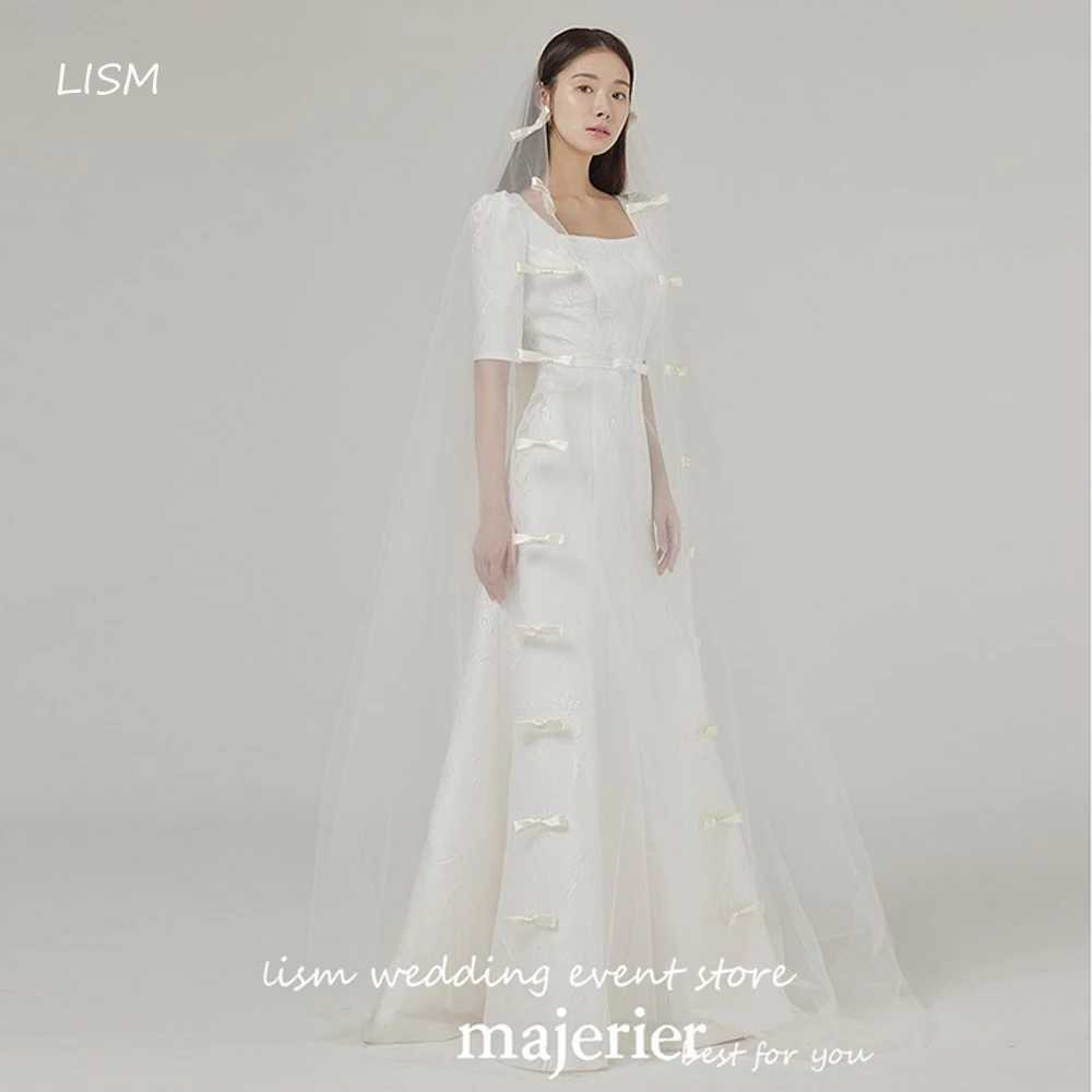 

LISM Vintage Half Sleeves A Line Korea Wedding Dresses Square Neck Floor Length Bridal Gowns Photo shoot Zip/Lace Up