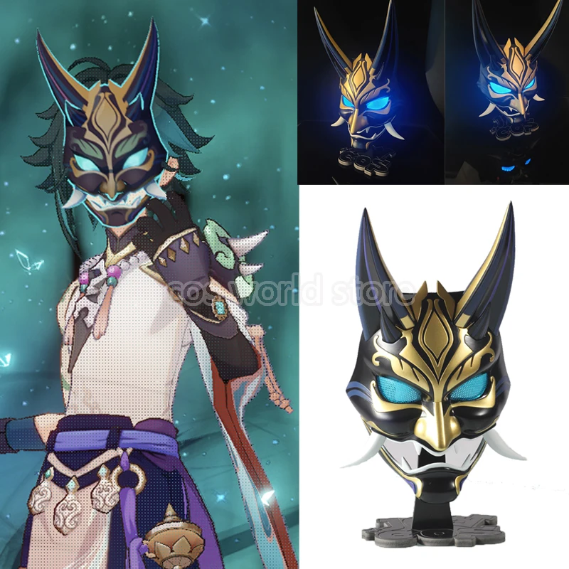 

Xiao Косплей демона Horn Mask Game Genshin Impact Xiao светодиодный светильник мужская маска для взрослых, для Хэллоуина, карнавала, маскарада, искусственная ФАП маска для лица