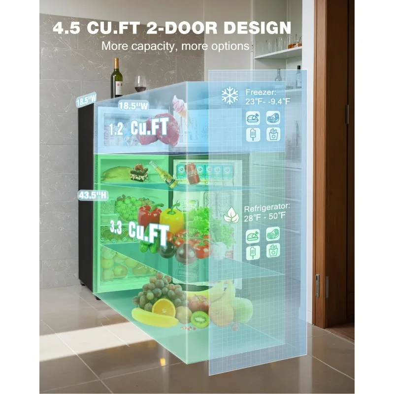 Double Door Refrigerator with Freezer, 4.5 Cu.Ft, Small Fridge with Freezer, 7 Settings Temperature Adjustable,Mini Refrigerator 5 Double Door Refrigerator with Freezer, 4.5 Cu.Ft, Small Fridge with Freezer, 7 Settings Temperature Adjustable,Mini Refrigerator 5