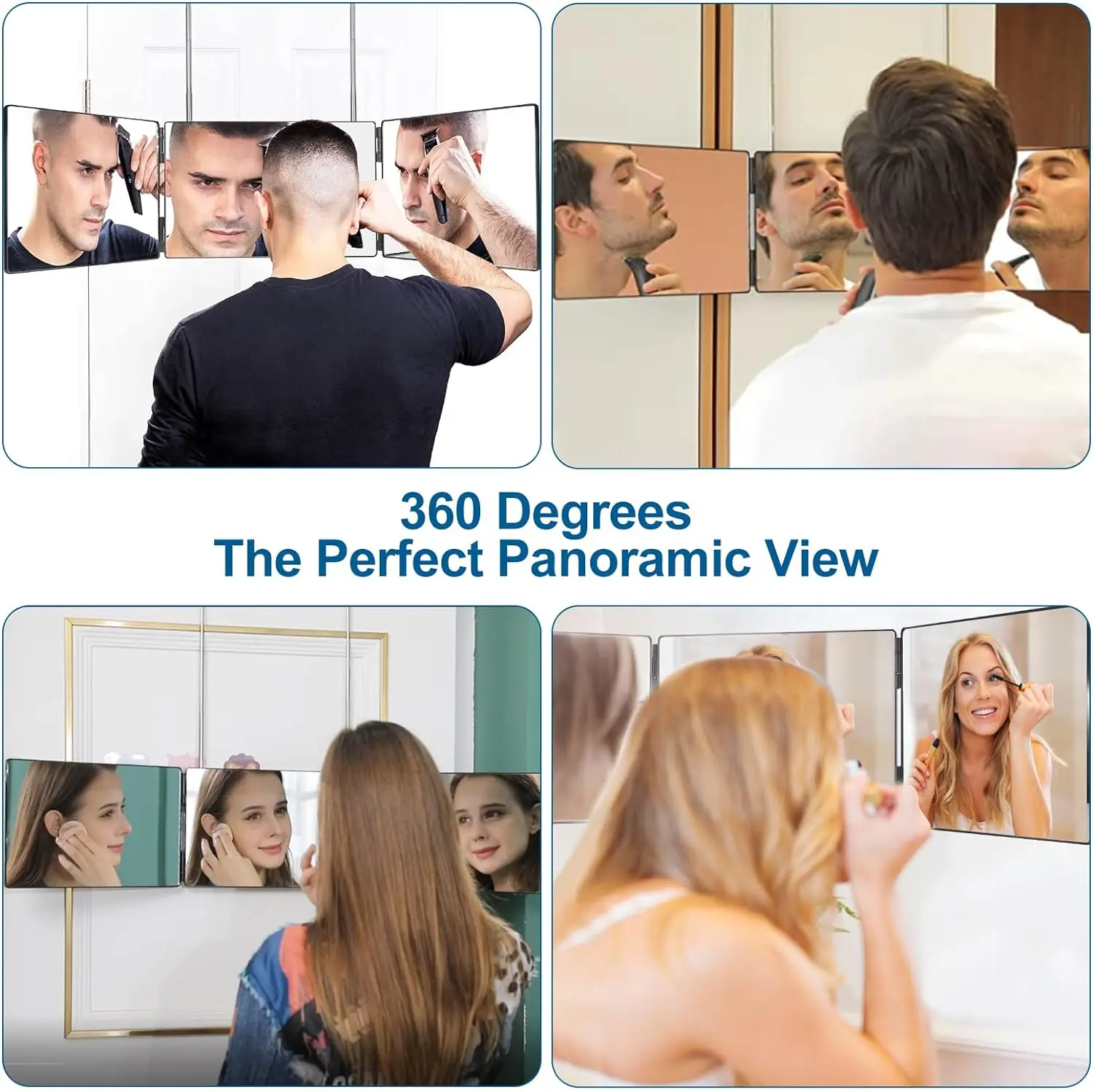 Black Portable 360 Trifold Mirror with Height Adjustable Telescoping Hooks Ideal for Self Hair Cutting Makeup Essential Fordable 2
