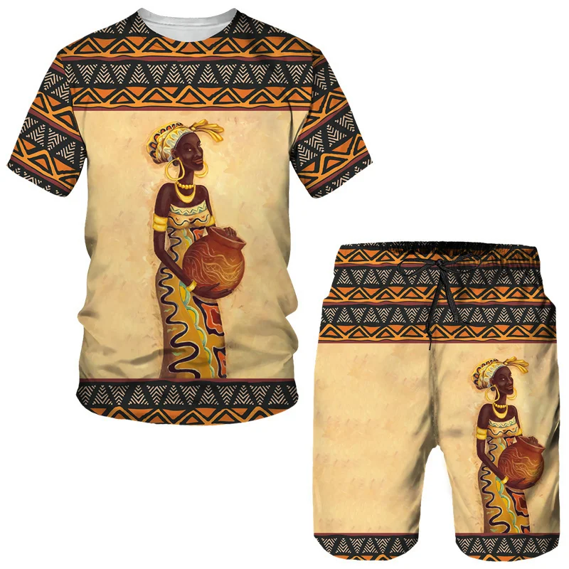 African Girl Print Tees/Suit Dashiki Ethnic Style for Men Casual T-Shirts&Shorts Set Fashion Summer Sportwear Male Tracksuit Y2k