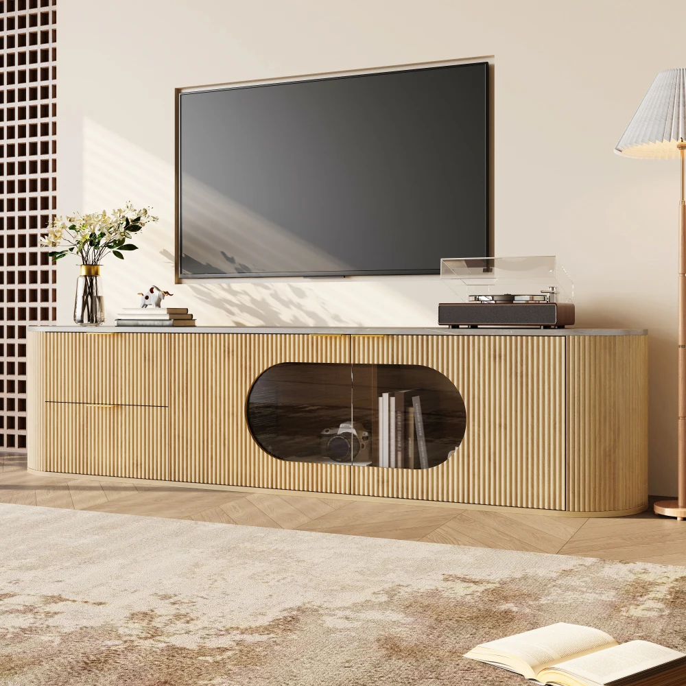 172*38*45,5 cm TV-Schrank in Holzoptik, Schranktüren mit vertikalen 3D-Streifen, ovale Glasvitrine, TV-Ständer für das Wohnzimmer – Detail 9