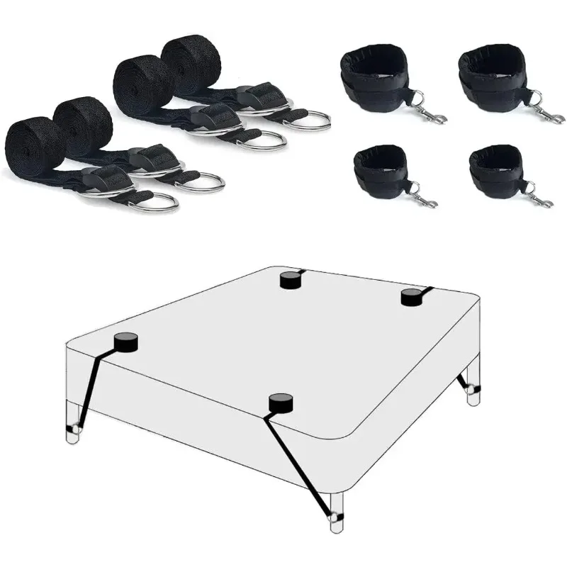 Black nylon straps and soft cuff pieces arranged as a complete adult accessory set