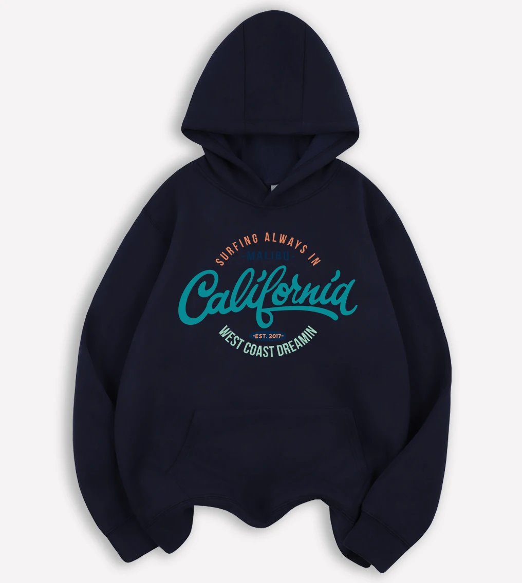 California West Coast Malibu Print Men Hoodie Autumn Fleece Clothes Casual Trendy Simple Hoody All-Match Loose Unisex Streetwear