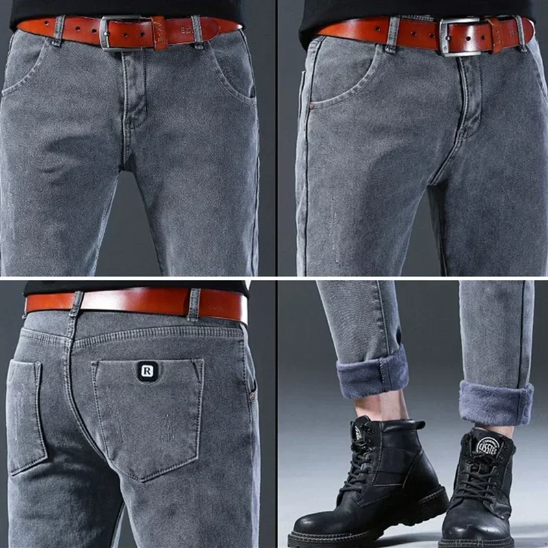 2024 Men Comfortable Winter Thermal Jeans Basic Snow Warm Plush Outside Denim Trousers Fashion Designer Skinny Casual Pants Male 6