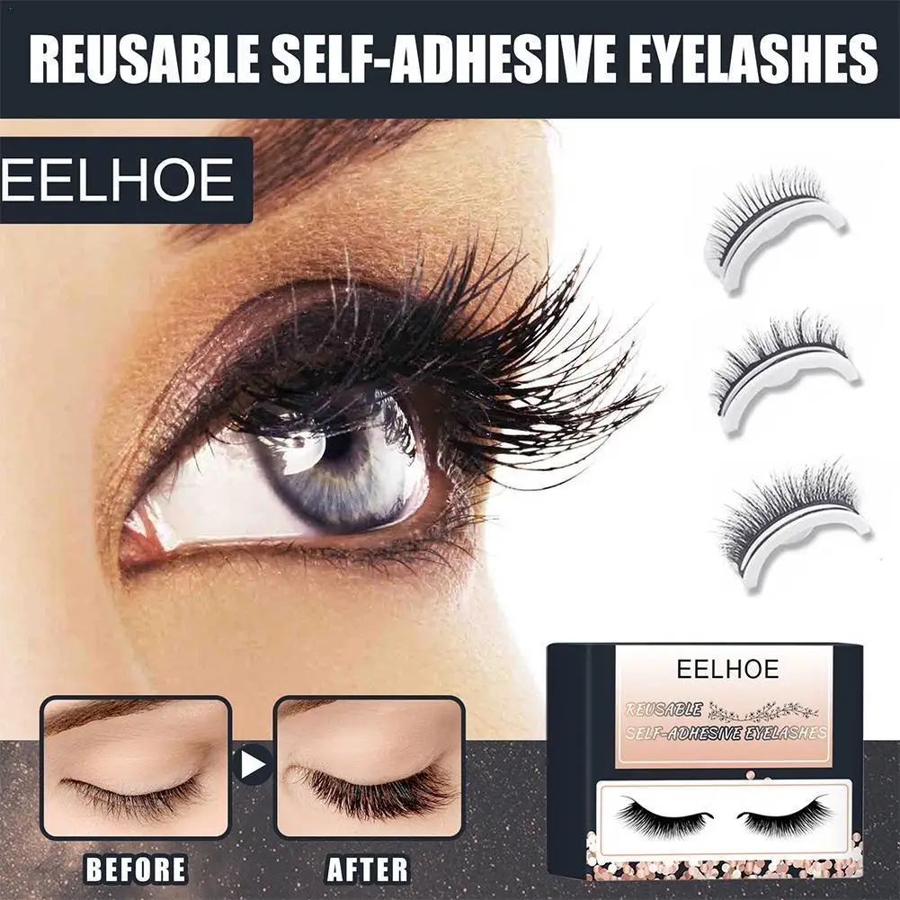 1Pair Reusable Self adhesive False Eyelashes Curly Thick Long Natural