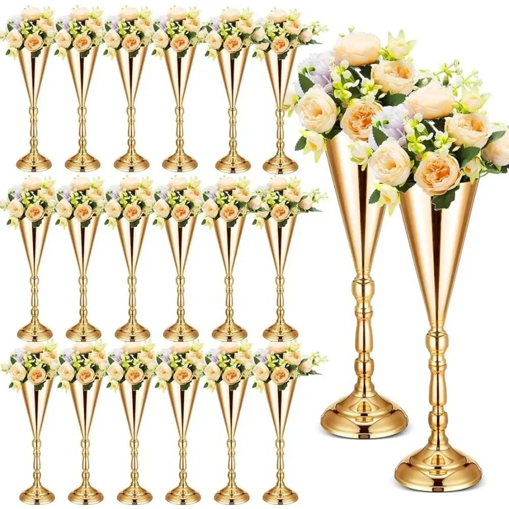 

12 Pcs Gold Metal Wedding Flower Trumpet Vase, Table Decorative Centerpiece Artificial Flower Ceremony Party Birthday Event