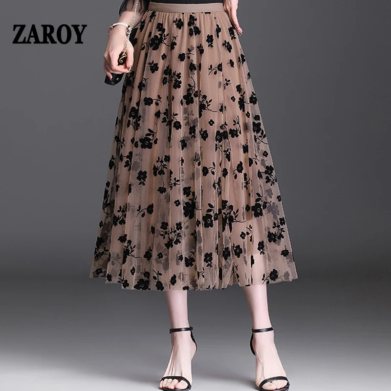 

ZAROY Women Long Tulle Skirt Vintage Floral Print Multilayer Gauze A-line Maxi Skirt Elegant Hight Waist Mesh Office Lady Falda