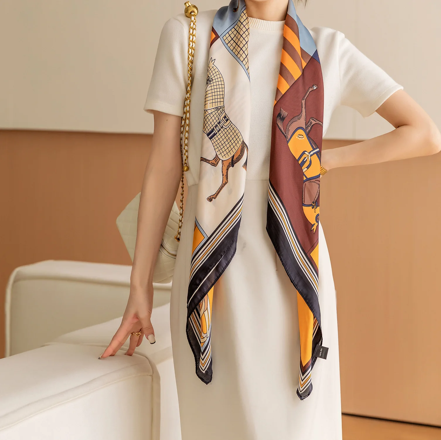 110*110cm New Lijin Forge Large Square Scarf Women's Fashion Printed Silk Scarf Travel Beach Sun Protection Shawl Headscarf