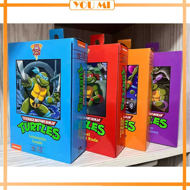 4 pcs Original NECA TMNT Teenage Mutant Ninja Trutles Leonardo Leads Pizza Club Anime Ver. Action Figures Gift Colle